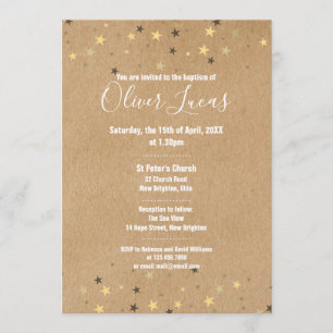 Rustic Gold Stars Baptism Christening Invitation