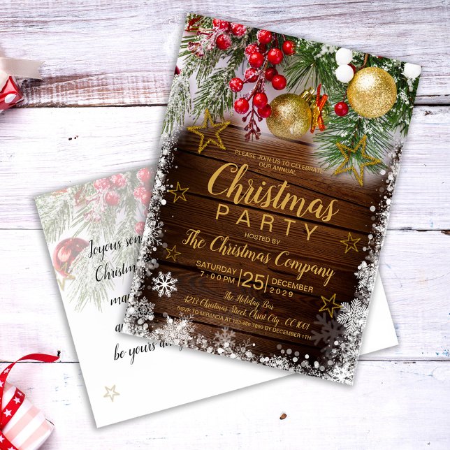 Rustic Gold Stars Christmas Party Invitation Postcard (Creator Uploaded)