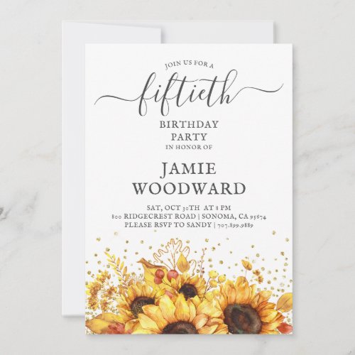 Rustic Gold Sunflowers 50th Birthday Invitation