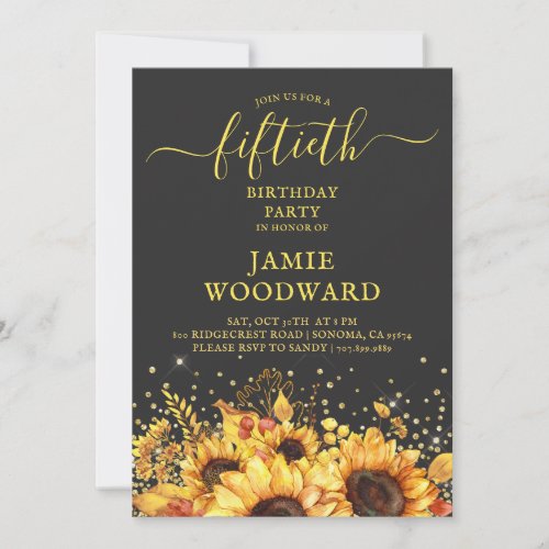 Rustic Gold Sunflowers 50th Birthday Party Invitation