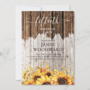 Rustic Gold Sunflowers Barn Wood 50th Birthday Invitation