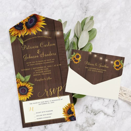Rustic gold sunflowers wood lights wedding all in one invitation