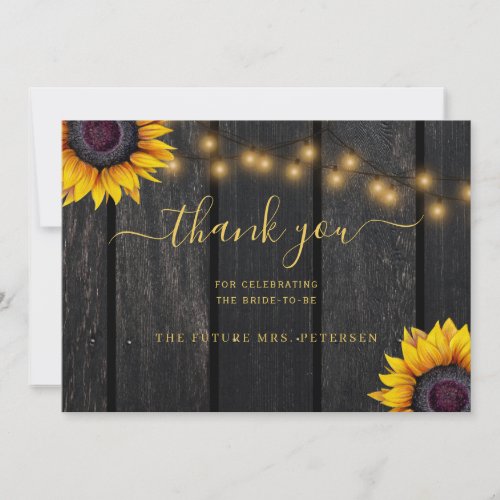 Rustic gold sunflowers wood script bridal shower thank you card
