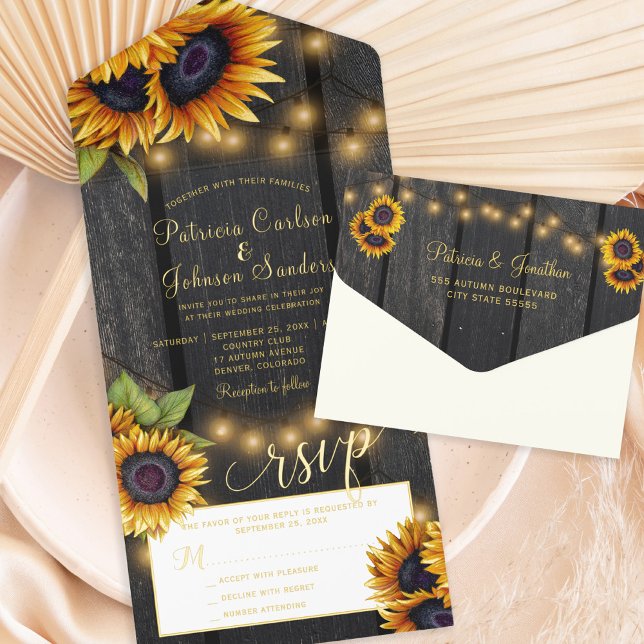 Rustic gold sunflowers wood wedding gold foil all in one invitation  (Creator Uploaded)
