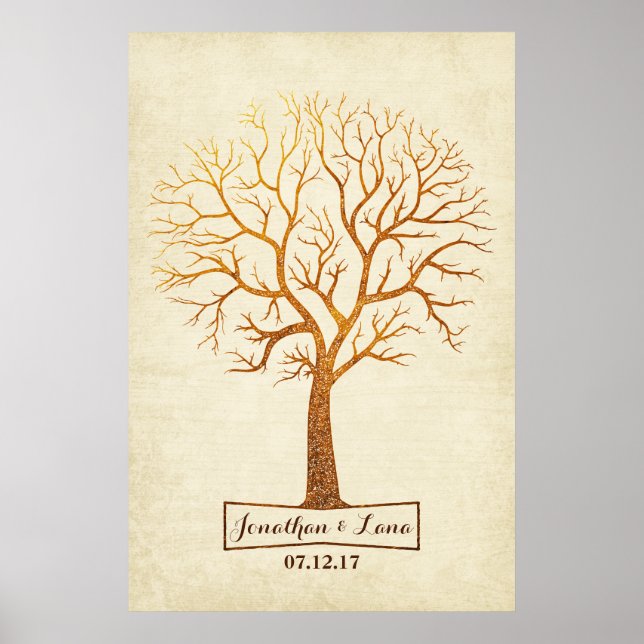 Rustic Gold Tree Thumbprint Wedding Guestbook (Front)