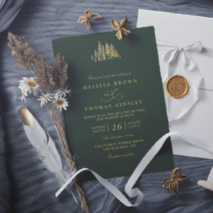 Rustic Gold Trees Pine Minimalist QR Code Wedding Invitation