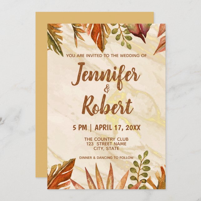Rustic Gold Tropical Marble Wedding Invitation (Front/Back)