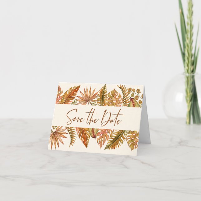 Rustic Gold Tropical Save the Date Folded Card (Front)