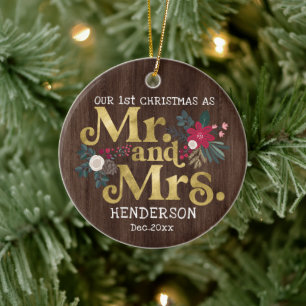 Rustic gold typography 1st christmas mr and mrs c ceramic ornament