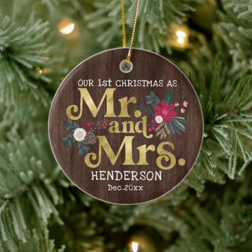 Rustic gold typography 1st christmas mr and mrs  c ceramic ornament