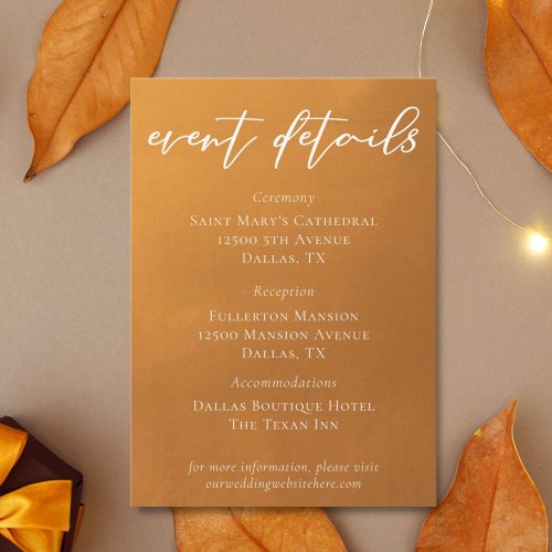Rustic Gold Typography Fall Wedding Event Details Enclosure Card