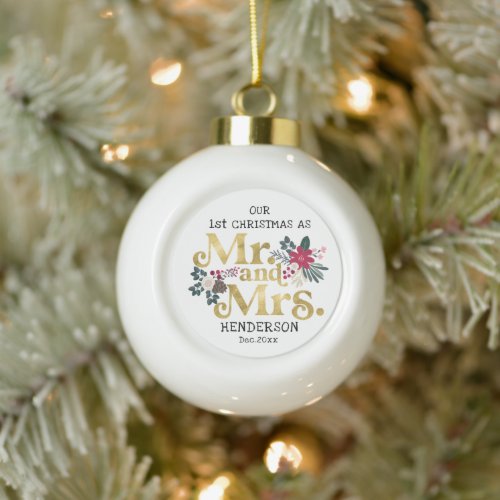Rustic gold typography mr  mrs 1st christmas snow ceramic ball christmas ornament