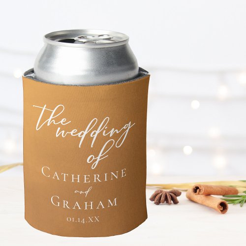 Rustic Gold Typography Simple Fall Wedding Can Cooler
