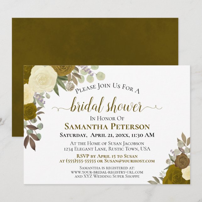Rustic Gold Watercolor Floral Chic Bridal Shower Invitation (Front/Back)