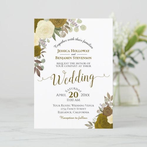 Rustic Gold Watercolor Roses Boho Floral Wedding Invitation