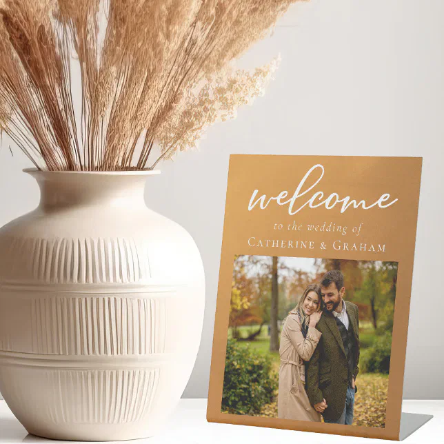 Rustic Gold Welcome to Our Wedding Chic Photo Pedestal Sign | Zazzle