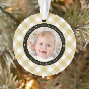 Rustic Gold White Plaid First Grandparents Photo Ornament
