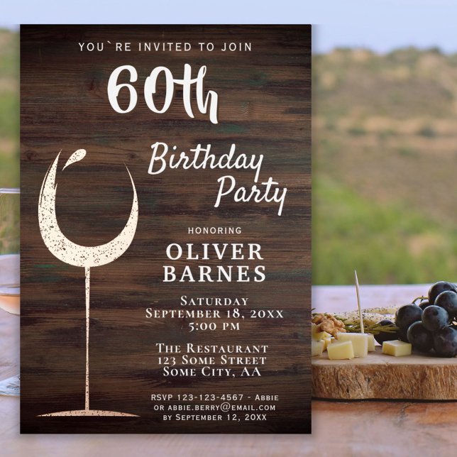 Rustic Gold Wine Glass Wood 60th Birthday Foil Invitation (Invitation with real foil for a rustic birthday celebration!)