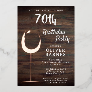 Rustic Gold Wine Glass Wood 70th Birthday Foil Invitation