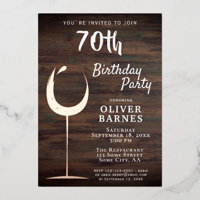 Rustic Gold Wine Glass Wood 70th Birthday Foil Invitation (Front)