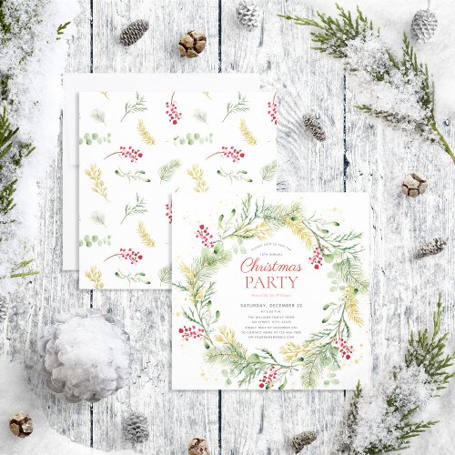 Rustic Gold Winter Greenery Wreath Holiday Party Invitation