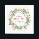 Rustic Gold Winter Greenery Wreath Merry Christmas Napkins<br><div class="desc">What better way to get into the holiday spirit than by hosting a Rustic Gold Winter Greenery Christmas party? These festive and modern holiday napkins are perfect for your annual holiday party, or family Christmas dinner party. The beautiful watercolor gold and festive design with winter botanical greenery is sure to...</div>