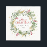 Rustic Gold Winter Greenery Wreath Merry Christmas Napkins<br><div class="desc">What better way to get into the holiday spirit than by hosting a Rustic Gold Winter Greenery Christmas party? These festive and modern holiday napkins are perfect for your annual holiday party, or family Christmas dinner party. The beautiful watercolor gold and festive design with winter botanical greenery is sure to...</div>