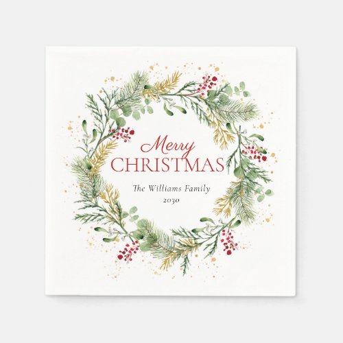 Rustic Gold Winter Greenery Wreath Merry Christmas Napkins
