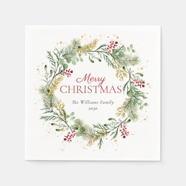 Rustic Gold Winter Greenery Wreath Merry Christmas Napkins (Front)