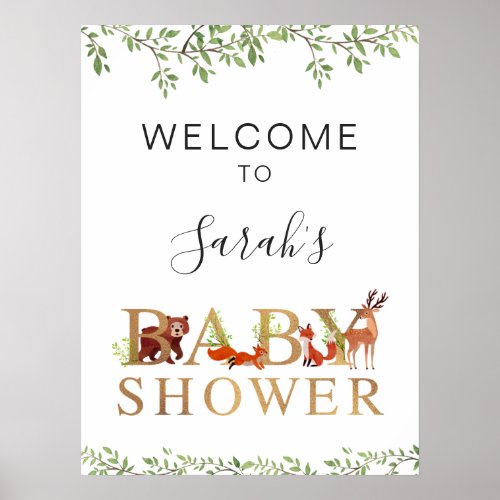 Rustic Gold Words Woodland Baby Shower Welcome Poster