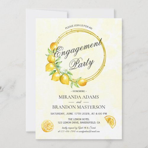 Rustic Gold Wreath Lemon Summer Engagement Party Invitation