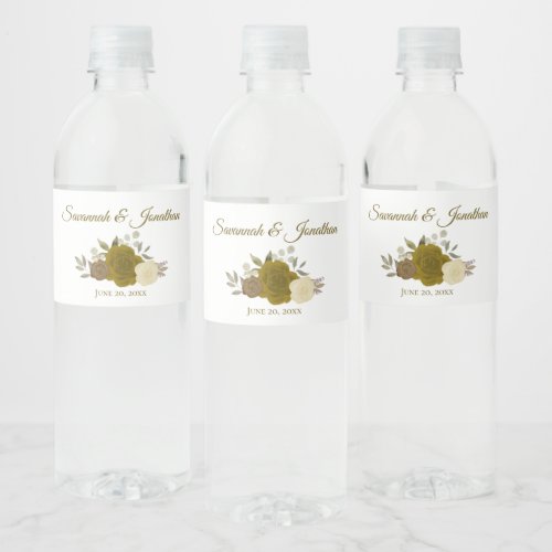 Rustic Gold  Yellow Roses Elegant Wedding Water Bottle Label