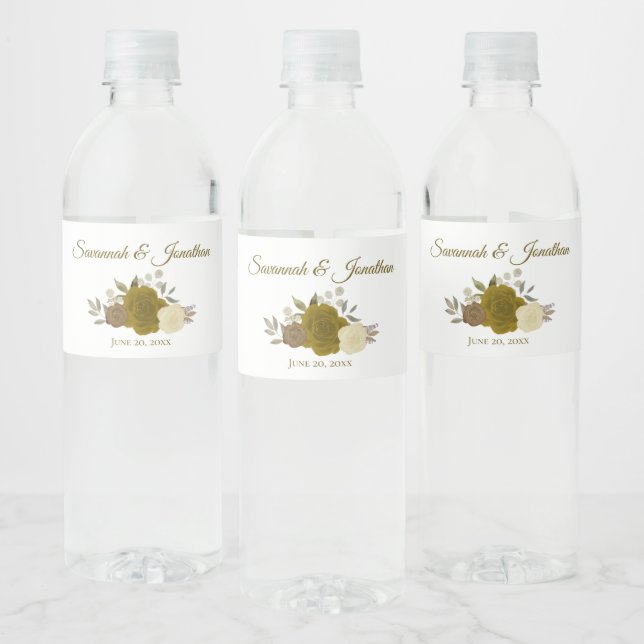 Rustic Gold & Yellow Roses Elegant Wedding Water Bottle Label (Bottles)