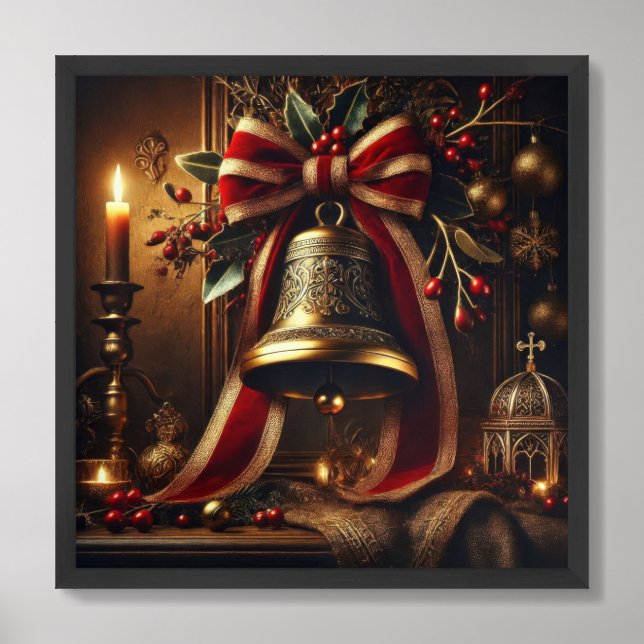 Rustic golden bell with Christmas wreath red bow Framed Art (Framed Front)