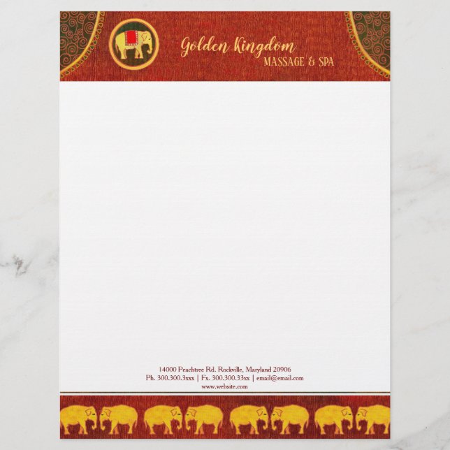 Rustic Golden Elephants Spa Business Letterhead (Front)