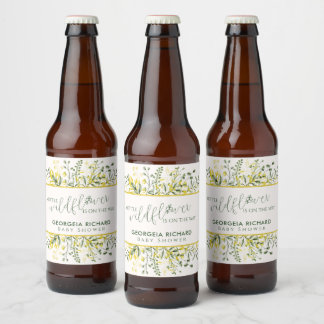 Rustic Golden Frame Wildflower on Way Baby Shower  Beer Bottle Label