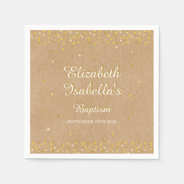 Rustic Golden Hearts Confetti Baptism Christening Napkins (Front)