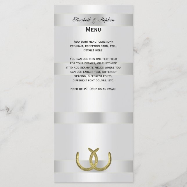 Rustic Golden Horseshoes Silver Wht Menu Card (Front)