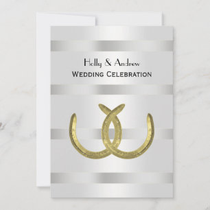 Rustic Golden Horseshoes Silver Wht V Wedding Invitation