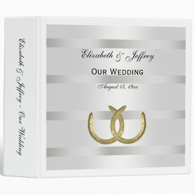 Rustic Golden Horseshoes Silver Wht Wedding Binder (Front/Spine)