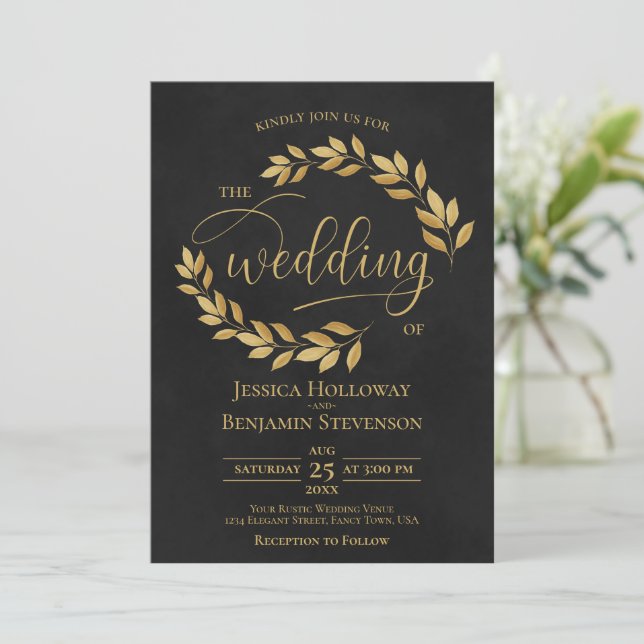 Rustic Golden Leaves Elegant Black Wedding Invitation (Standing Front)