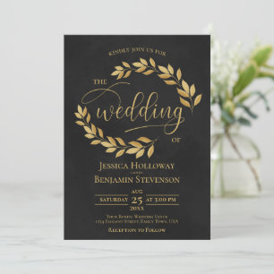 Rustic Golden Leaves Elegant Black Wedding Invitation
