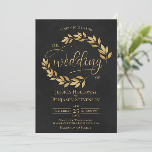 Rustic Golden Leaves Elegant Black Wedding Invitation