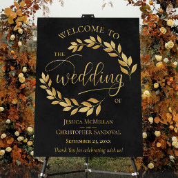 Rustic Golden Leaves on Black Wedding Welcome Foam Board
