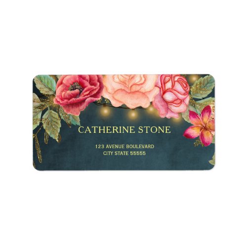 Rustic golden pink roses lights navy wedding rsvp label