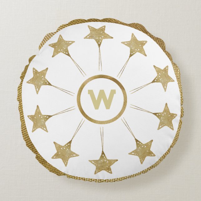 Rustic Golden Stars Pattern On White Monogram Round Pillow (Front)