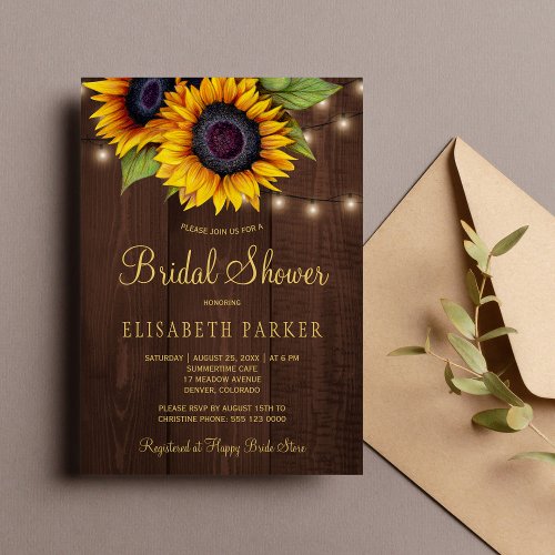 Rustic golden sunflower elegant wood bridal shower invitation