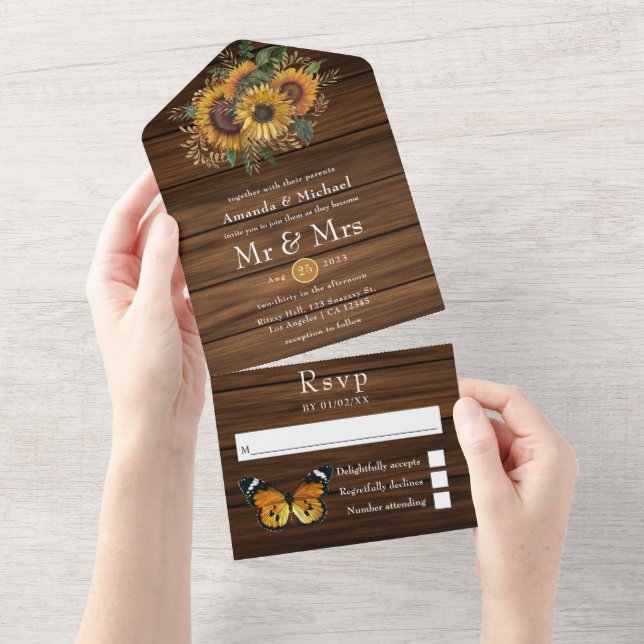 Rustic Golden Sunflower Eucalyptus Garden Wedding All In One Invitation (Tearaway)