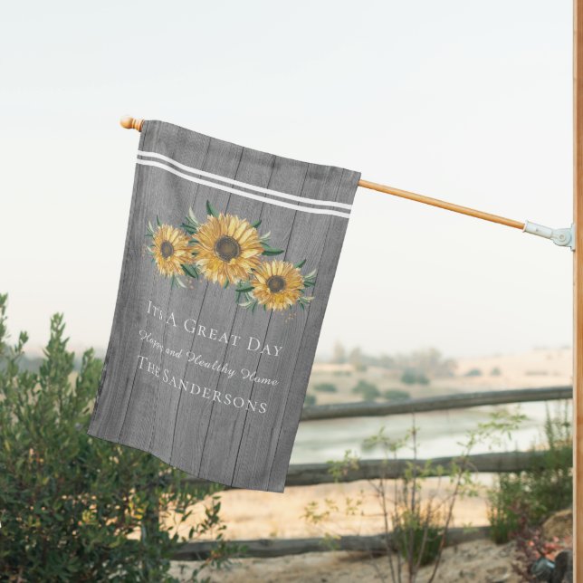Rustic Golden Sunflower Gray Barn Wood   House Flag (Insitu (Back))