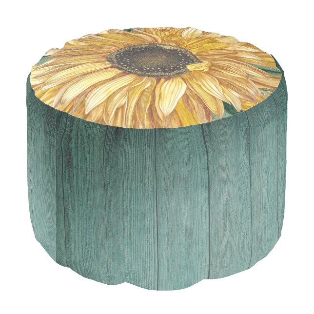 Rustic Golden Sunflower Green Blue Barn Wood  Pouf (Angled Back)
